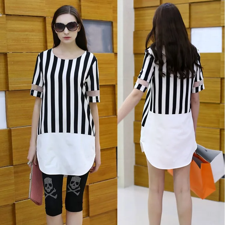 Дешевая Одежда Китай 2015 Женщин Вскользь Коротким Рукавом В Полоску Прямо Мини