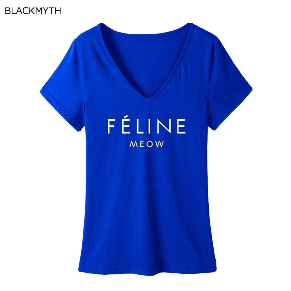 BLACKMYTH FELINE MEOW женская футболка хлопок v образный вырез топы большие размеры летние
