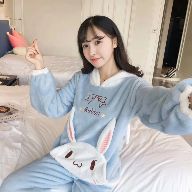 JINUO Women's Winter Flannel Long-Sleeved Home Service Cartoon Lovely Rabbit Flamingo Warm Pajama Set | Женская одежда
