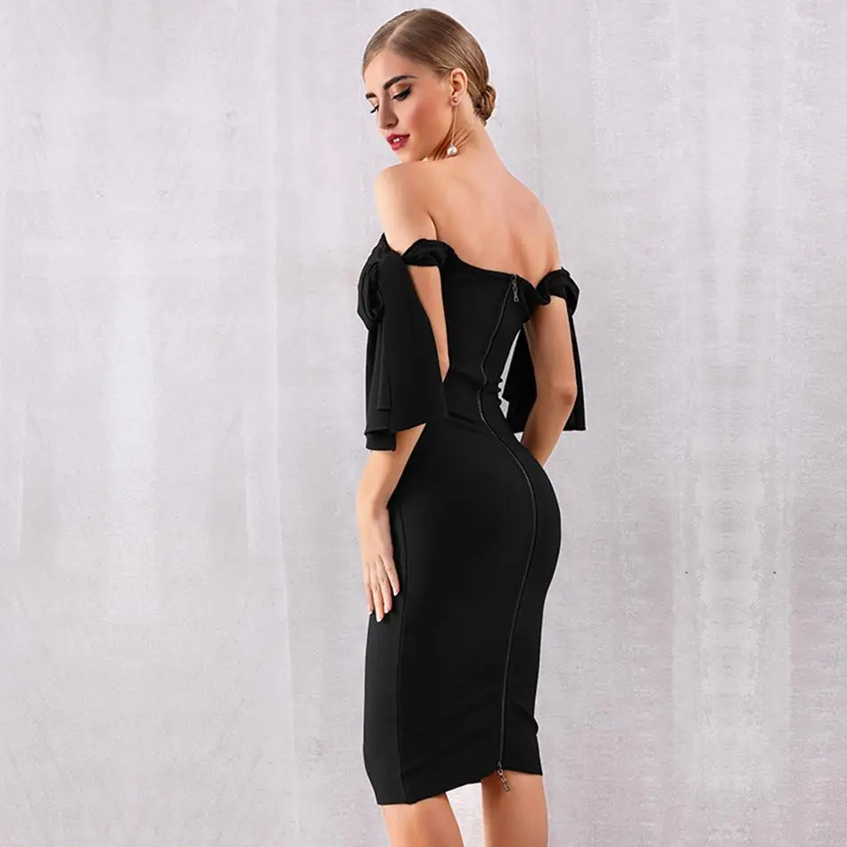 Женское облегающее платье с коротким рукавом черное Клубное открытыми плечами в