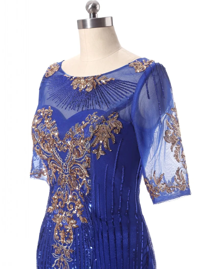 Royal Blue Evening Gown Gold Shiny Bead Piece Evening Dress Formal Mermaid Long Robe De Soiree Special Occasion Dresses ES2607