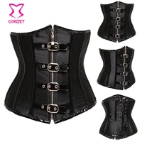 corzzet womens leather trim steel boned metal buckle zipper corset sexy underbust waist cincher bustier corselet gothic clothes