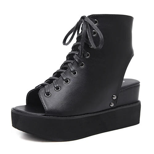 black shoes Gdgydh/весенние ботинки с открытым носком женские ботинки на танкетке; женская повседневная обувь на высоком каблуке удобная летняя обувь на шнуровке с боковой молнией в римском стиле - Цвет: black shoes