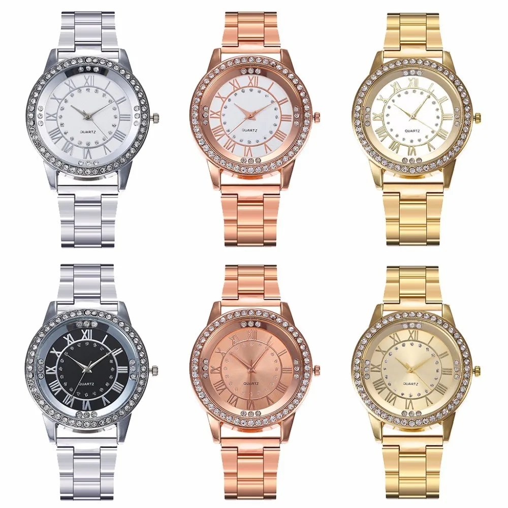 Для женщин розового золота Нержавеющая сталь часы Роскошные женские Стразы