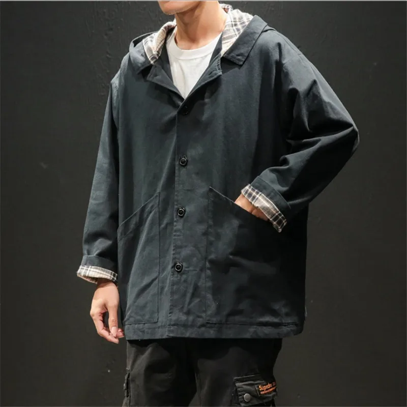 Male Fashion Casual Loose Lining Plaid Hooded Windbreaker Men Size M-5XL Spring Korean Style Solid Color Jackets Trench | Мужская одежда
