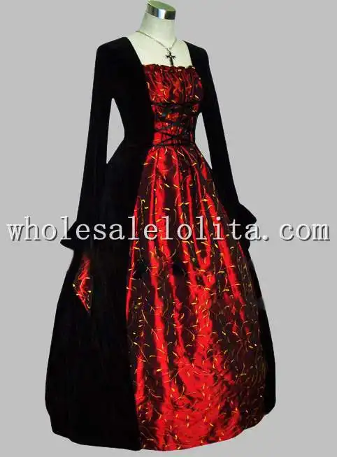 Готическое черно-красное шелковое платье эпохи викторианской эры с принтом