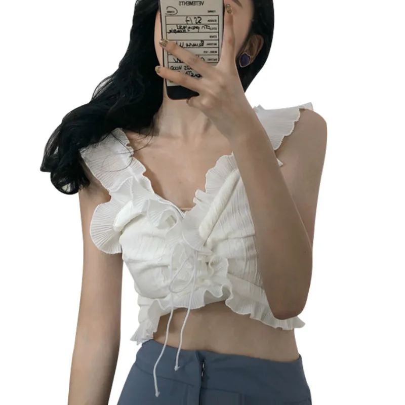 Chic Sling Crinkle Chiffon Tank Tops Lace Drawstring Camis Sexy Thin High Waist Pleated Vest Short Sleeveless shirts 2018 | Женская