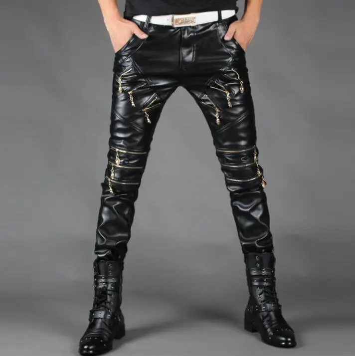 More zipper personality fashion motorcycle faux leather pants mens feet pants pu trousers for men pantalon homme korean black