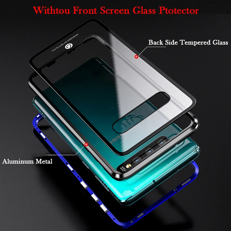 Magnetic Case For Samsung Galaxy S10 Plus S10E 5G Anti-knock Aluminum Metal &amp Back Side Tempered Glass Cover |