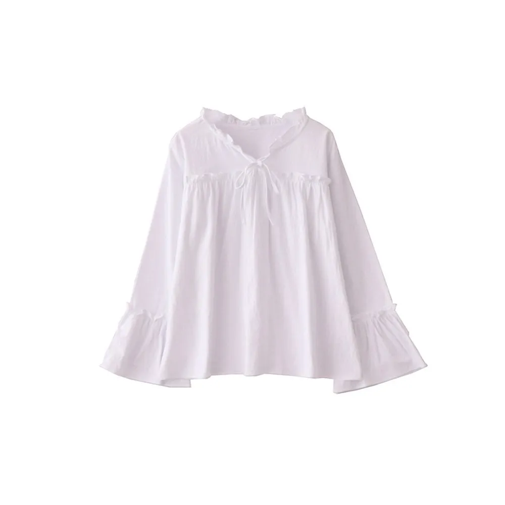 Белая блузка рубашка Женская Осень 2018 винтажный стильный топ с расклешенными