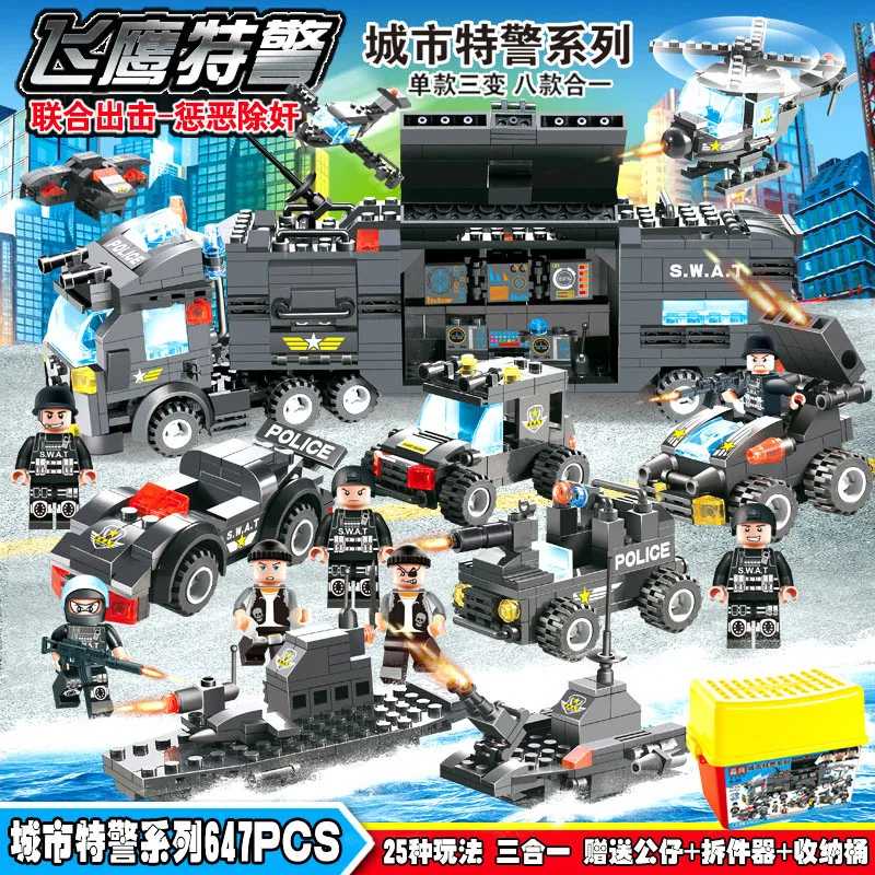 

647pcs/762pcs City Police Truck Building Blocks Sets Ship Helicopter Vehicle Creator Bricks Playmobil Toys for Children