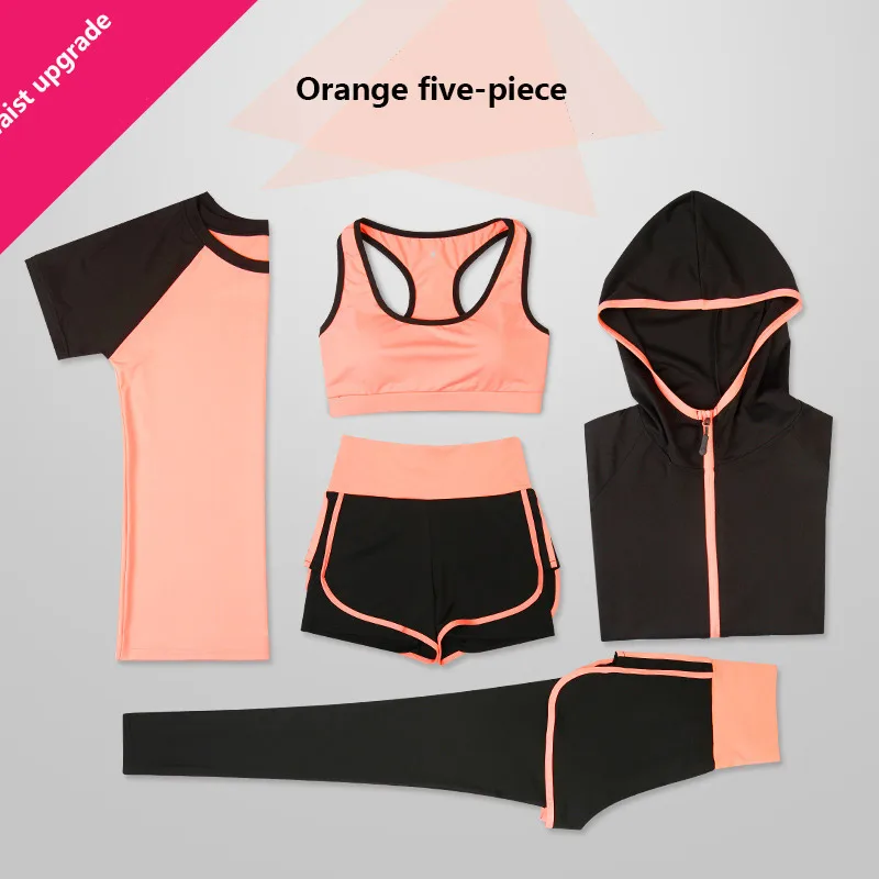orange five-piece Спортивный костюм из двух предметов, свободная летняя одежда для фитнеса и йоги, спортивный костюм для женщин - Цвет: orange five-piece