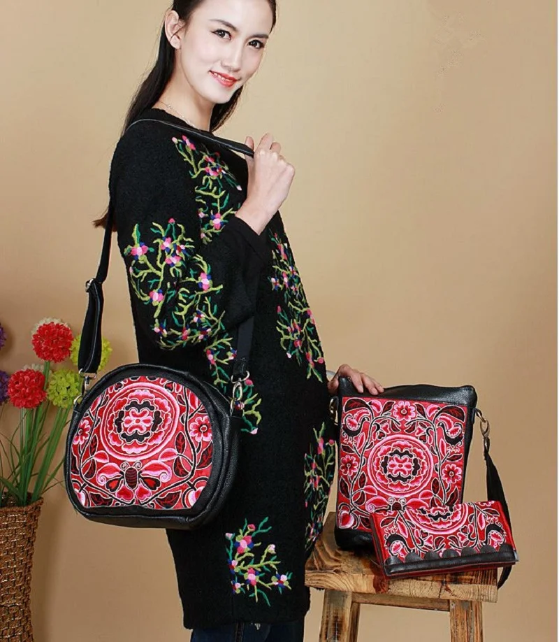 Кожа вышитые женщины Crossbody Сумка атласная Вышивка красивые модные женские туфли