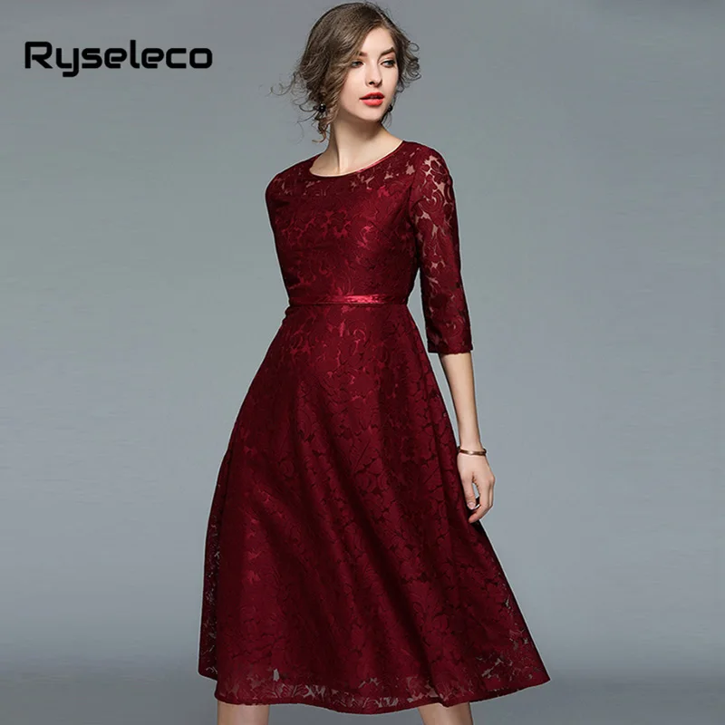 Ryseleco 2018 осеннее модное женское кружевное платье колокол с цветочным рисунком
