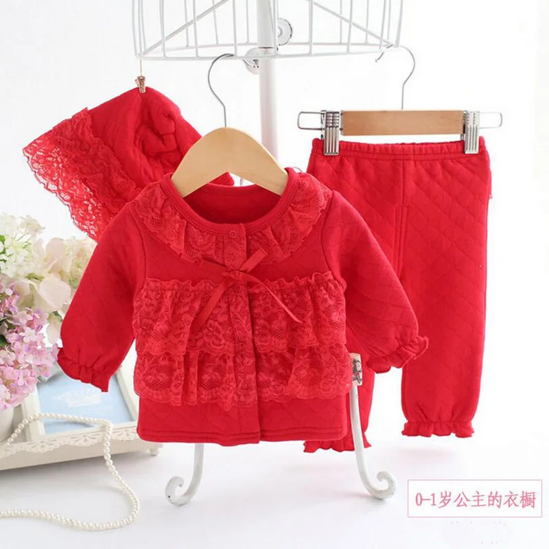 air cotton red Новинка года, одежда для маленьких девочек топ, штаны, шапочка, комплект из 3 предметов, для новорожденных принцесс, весна-осень-зима, теплый хлопковый комплект верхней одежды - Цвет: air cotton red