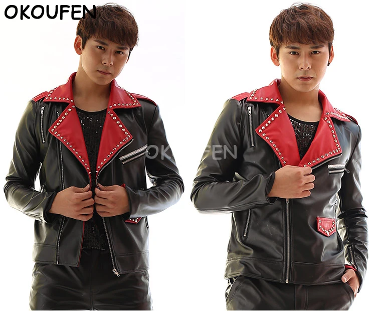 Star Styles Red &amp Black Leather Jacket Costumes Nightclub Bar Stage Concert Show DJ singer performance coat |