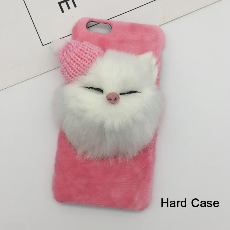 Pink Hat Cat Hard PC Милый Кот пушистый меховой чехол для телефона для iPhone XS MAX XR X силиконовый Жесткий чехол из ПК прекрасное покрытие для iPhone 8 Plus 7 6s 6 Plus Рождественский чехол - Цвет: Pink Hat Cat Hard PC