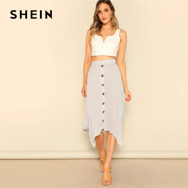 SHEIN серая плиссированная юбка с пуговицами спереди, женская летняя повседневная однотонная асимметричная юбка миди со средней талией
