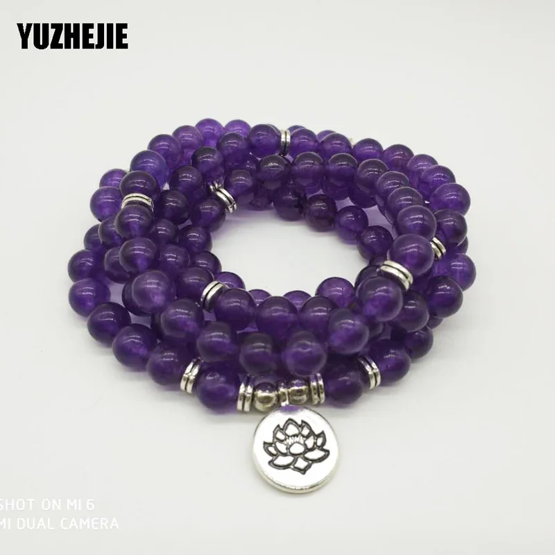 YUZHEJIE 2018 роскошный дизайн натуральный фиолетовый камень 108 Mala браслет с цветком
