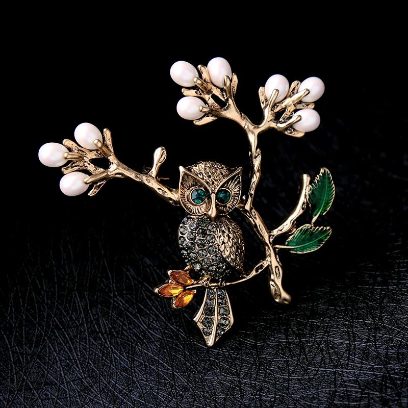 Животный дизайн сплав ветка Зеленый Кристалл сова броши для женщин Винтажная