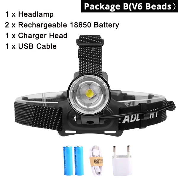 Packge B V6 50000LM XHP70 Светодиодная лампа Водонепроницаемая V6 самый мощный XHP50 фар Перезаряжаемые 18650 увеличения фонарь для велосипеда Фонари - Испускаемый цвет: Packge B V6