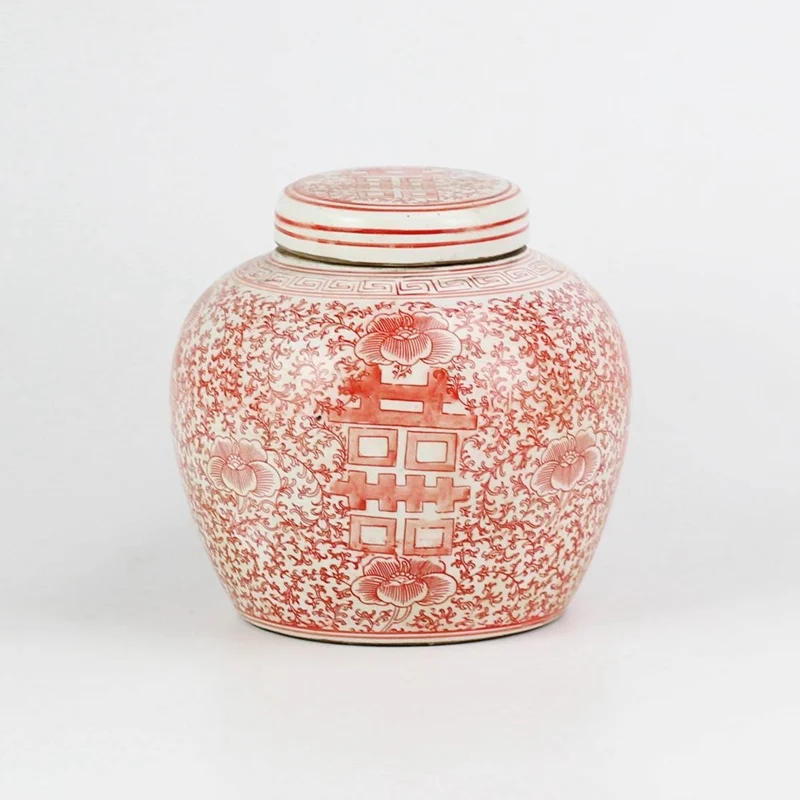 RYVM26 Flat lid red color hand drawing double happy Chinese wedding porcelain jar | Дом и сад