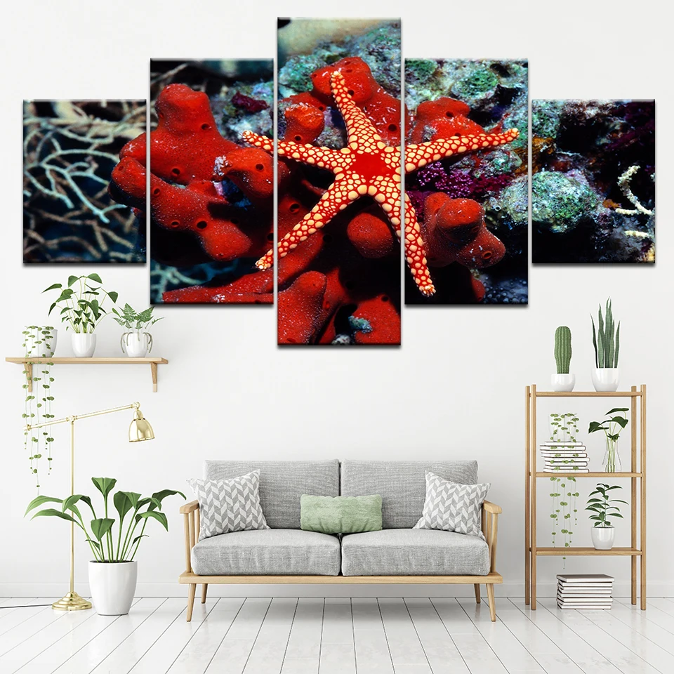 Подводных существ красный кораллы морские звезды Wall Art Печать на холсте картина 5