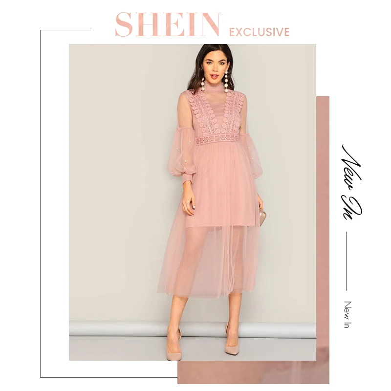 SHEIN Прозрачное Сетчатое Платье С Оригинальным Рукавом И Бусинами Нарядное Вечернее Платье На Бретельках С Открытой Спиной