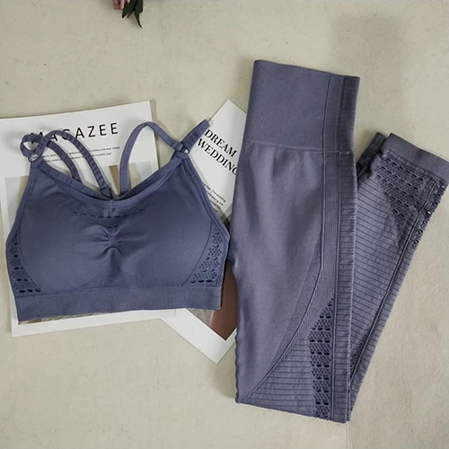Gray blue 2pcs set Цветной комплект из 2 предметов для йоги, Женский бесшовный спортивный бюстгальтер, топ для тренировок, мягкий бюстгальтер пуш-ап для йоги с леггинсами для спортзала, костюмы для фитнеса, комплект для тренировок - Цвет: Gray blue 2pcs set