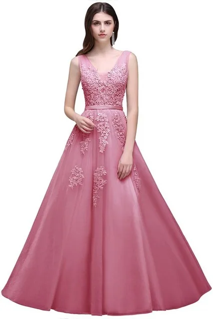 Vestido de festa длинное короткое вечернее платье, длинное Тюлевое кружевное вечернее платье с открытой спиной, вечернее платье, платья для выпускного вечера, robe de soiree - Цвет: Dusty Pink Long