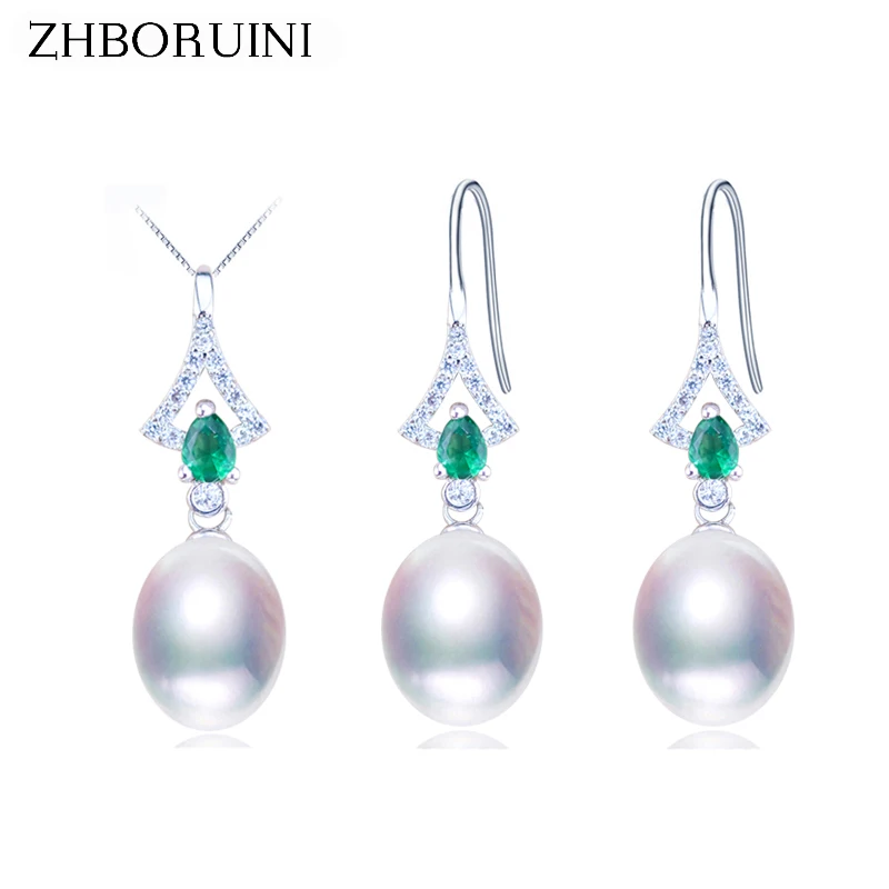 ZHBORUINI Fashion Necklace Pearl Jewelry Set Natural Pearl 925 Sterling Silver Green Zircon Earrings Pendant For Women Wholesale