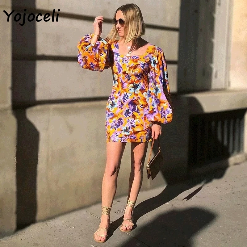Женское платье Yojoceli уличное мини-платье с рукавами-фонариками и принтом 2019 |