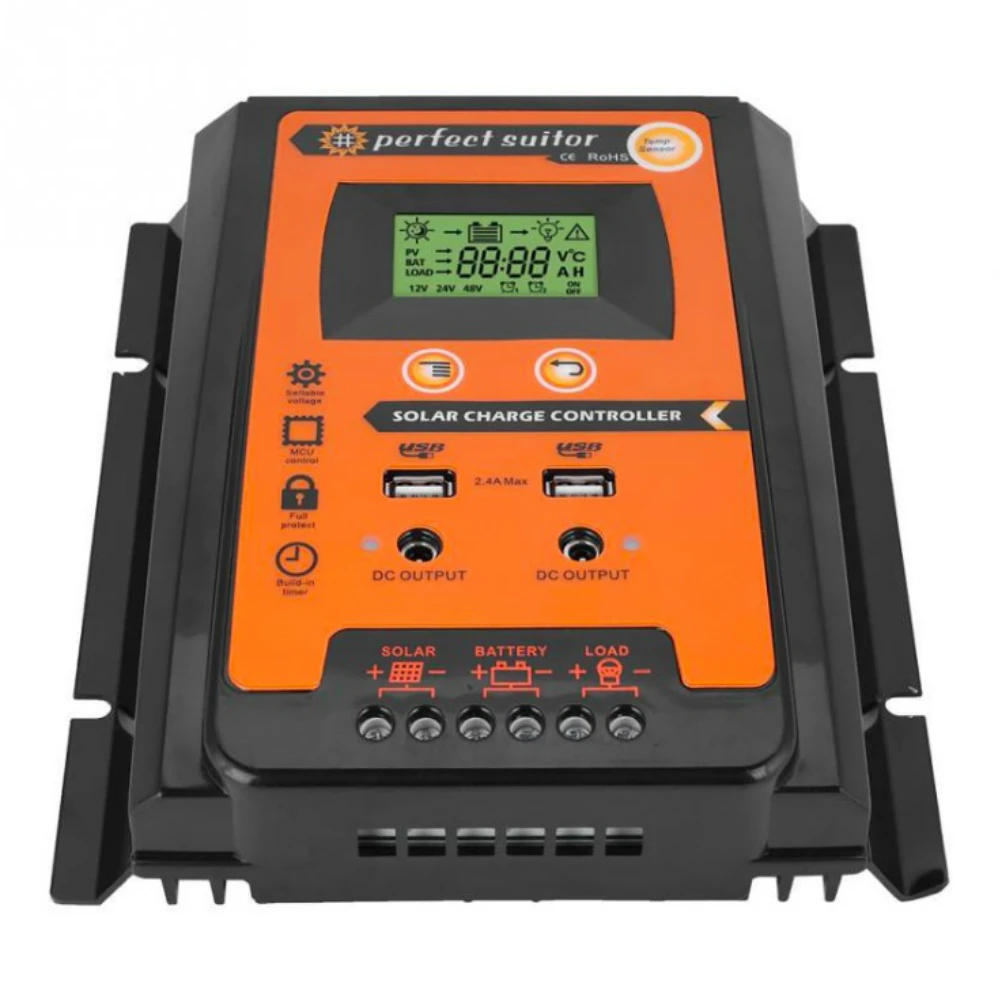 MPPT Солнечный контроллер 30A/50A/70A двойной USB ЖК дисплей встроенный таймер 12В 24В Авто