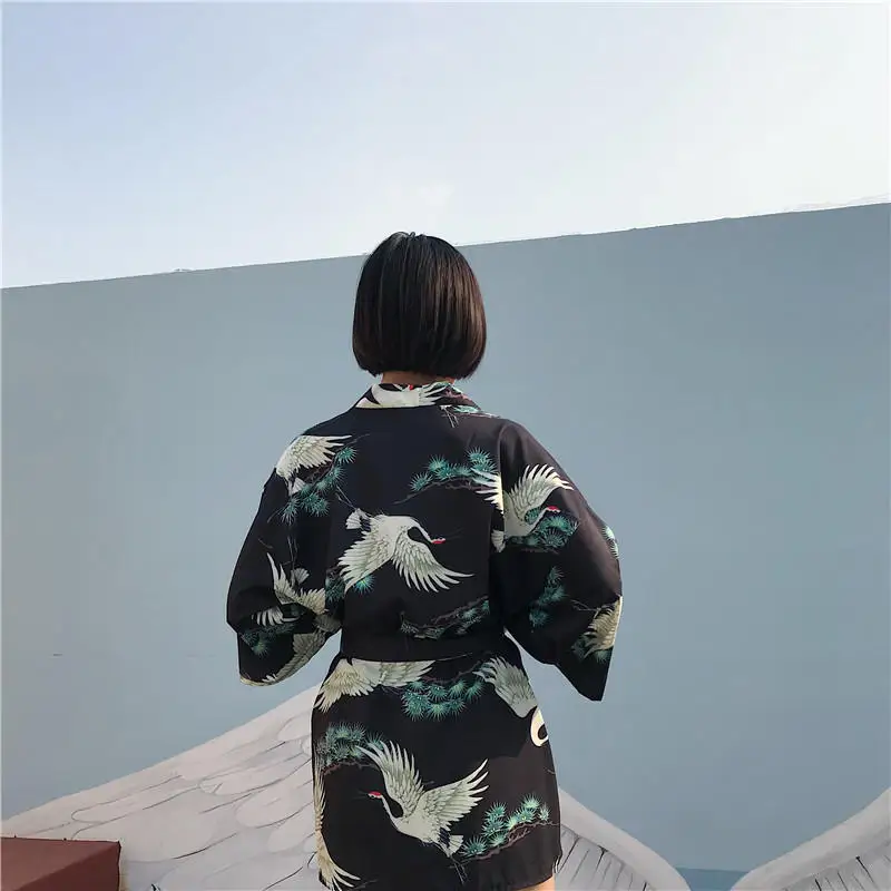 Neploe японские кимоно кран Футболка с принтом Harajuku кимоно, кардиган, свободные рубашки Blusas топы женские солнце Защитная Рубашка 37900