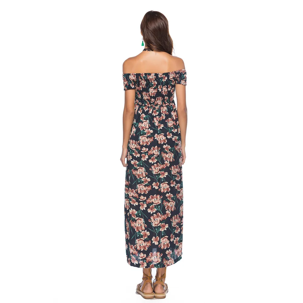 

Slash Neck Dress Mid-Calf Printing Floral Off Shoulder Dresses A-Line Causal Pop Dress Chiffon Short Sleeve Empire Elbise