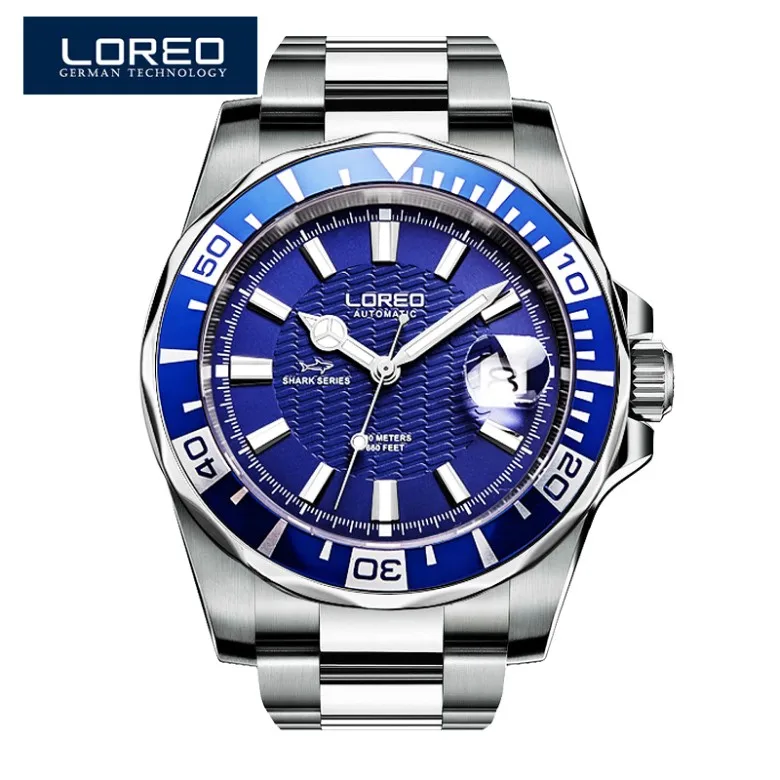 Blue LOREO Дайвинг серии часы 200 м водонепроницаемые автоматические механические часы для мужчин сапфировое стекло зеркало светящийся Авто Дата винт Корона - Цвет: Blue
