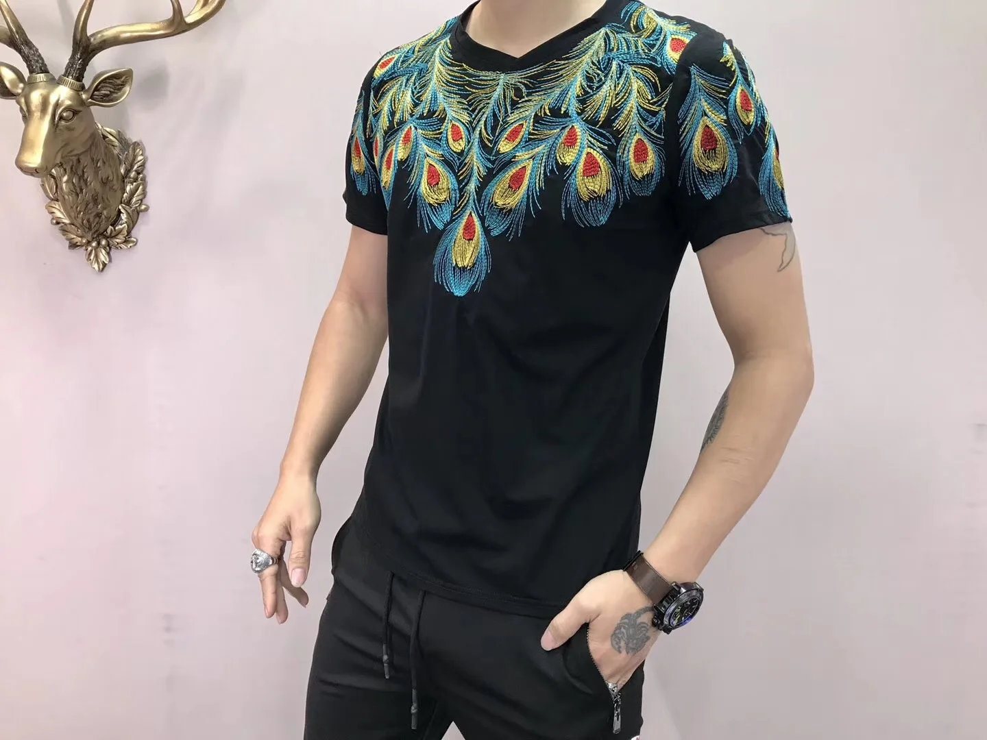 Бесплатная доставка Мужская футболка с вышивкой 100% хлопок новинка футболки