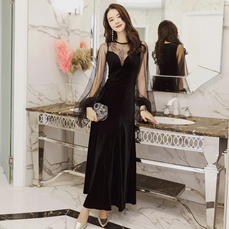 

Polyester Spandex Dress 2021 Spring bubble sleeve dress Women's New Round Neck Perspective Sexy grenadine Waist Swing Female