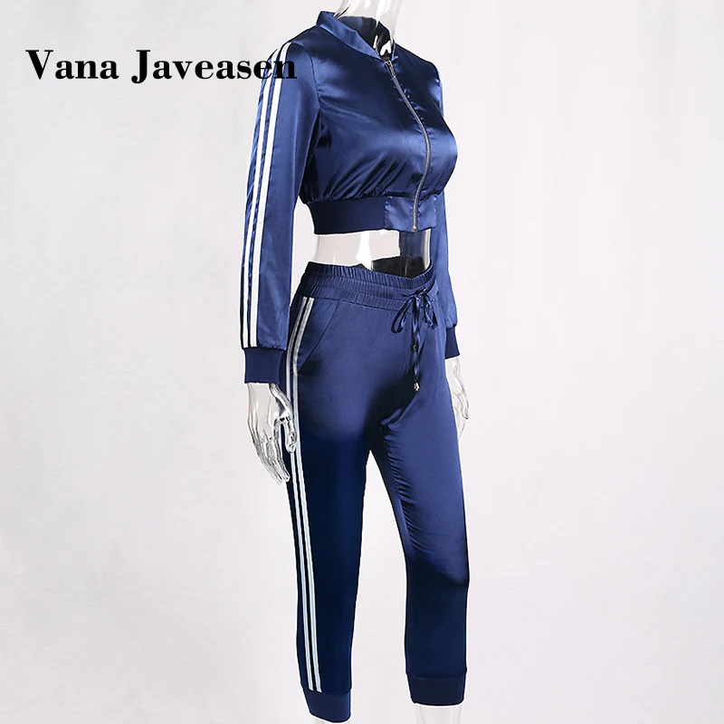 Vana Javeasen Autumn Winter Satin Sets Women Zipper Side Stripe Crop Tops Drawstring Calf Length Pants Sexy Workout Tracksuits |