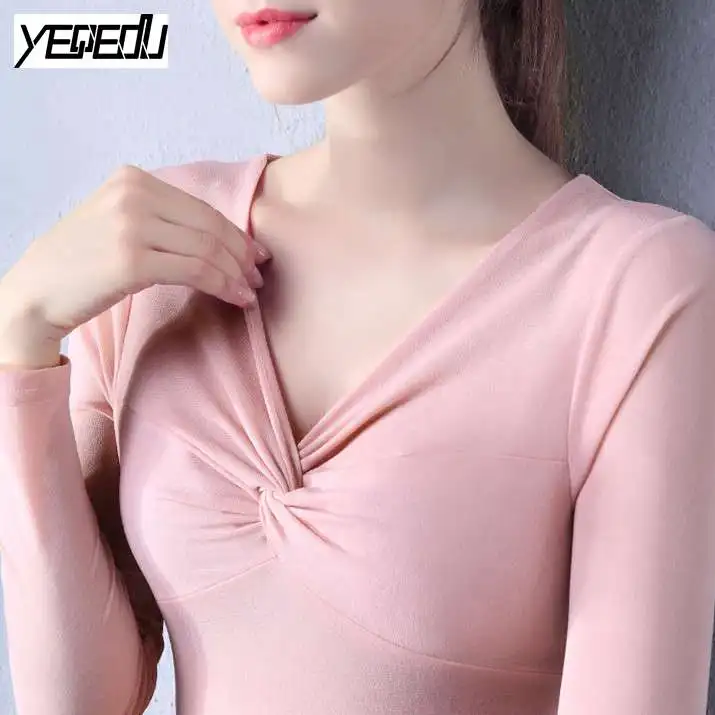 #3811 сплошной цвет Футболка глубокий v-образным вырезом Sexy большой stretch весна/осень