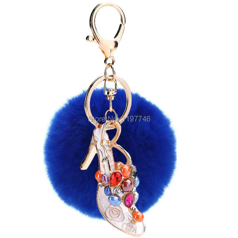 9 Colors Big 8cm Rabbit Soft Fur Ball Pom Keyring Keyfob Colorful Crystal Rhinestone High Heel Shoe Pendant Key Chain | Украшения и