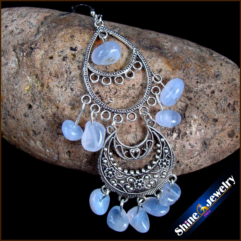 Женские винтажные серьги в тибетском стиле длинные висячие с натуральным синим