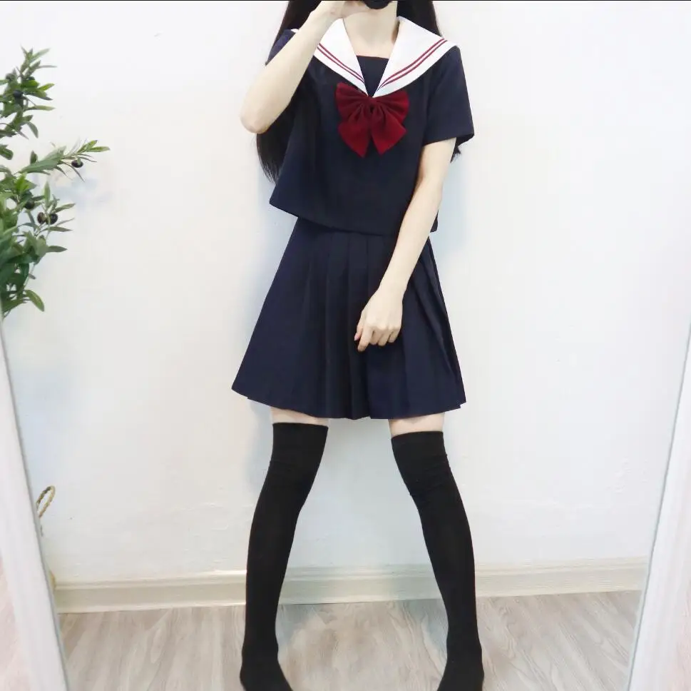 127 SHORT SLEEVE SET Красный 2 линии с коротким рукавом японский JK наборы морской моряк школьная форма для девочек школьная форма косплей японская школьная форма JKX127 - Цвет: 127 SHORT SLEEVE SET