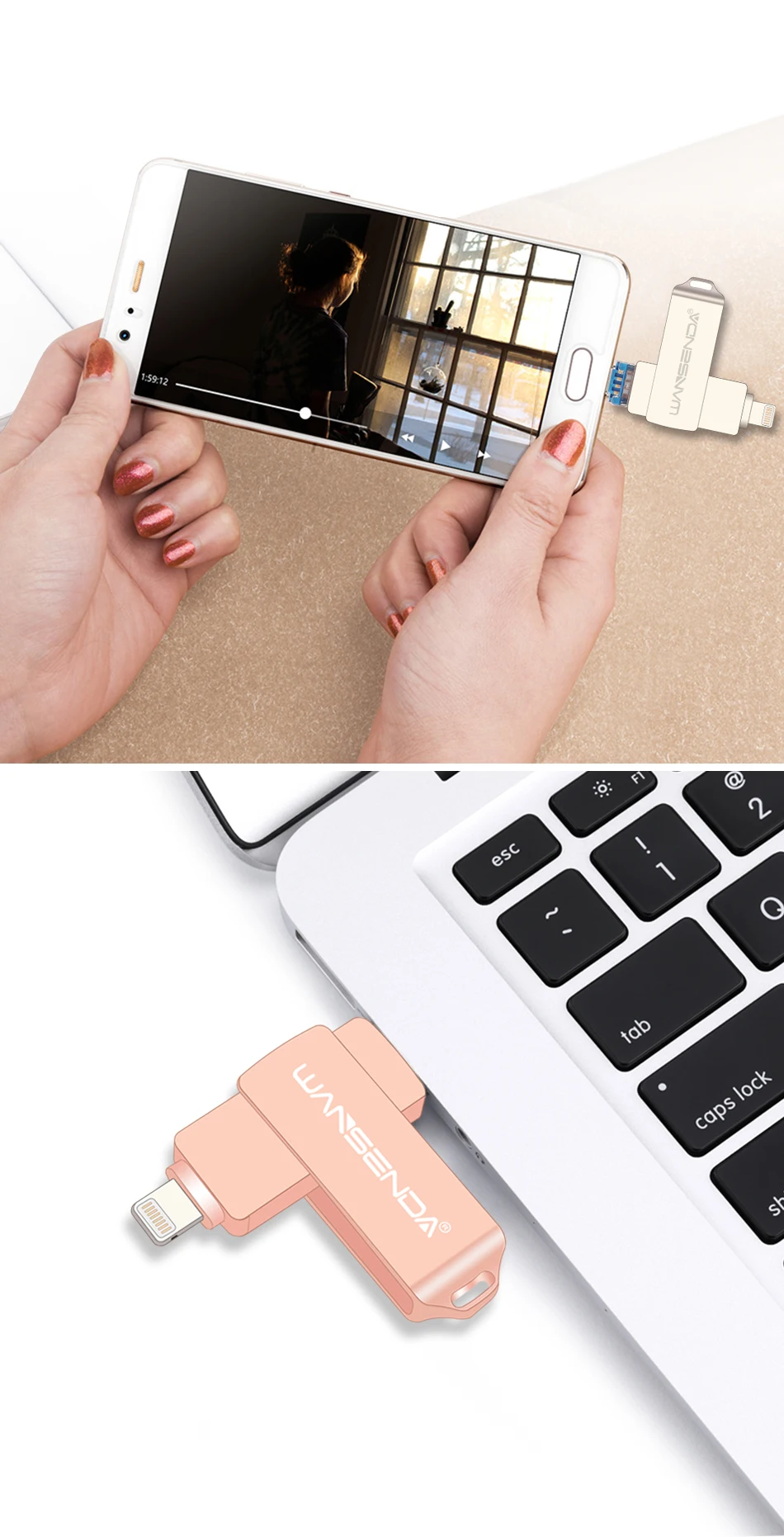 Флеш-накопитель Wansenda OTG USB 3,0, флеш-накопитель 128 ГБ, 64 ГБ, 32 ГБ, 16 ГБ, 3 в 1, высокоскоростной флеш-накопитель для iOS/Android/PC, 3 цвета