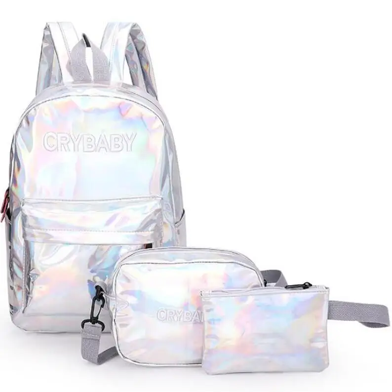 Set Silver Yogodlns Голографический лазерный рюкзак с вышитыми буквами и голограммой, набор рюкзаков, школьная сумка+ сумка на плечо+ пенал, 3 шт - Цвет: Set Silver