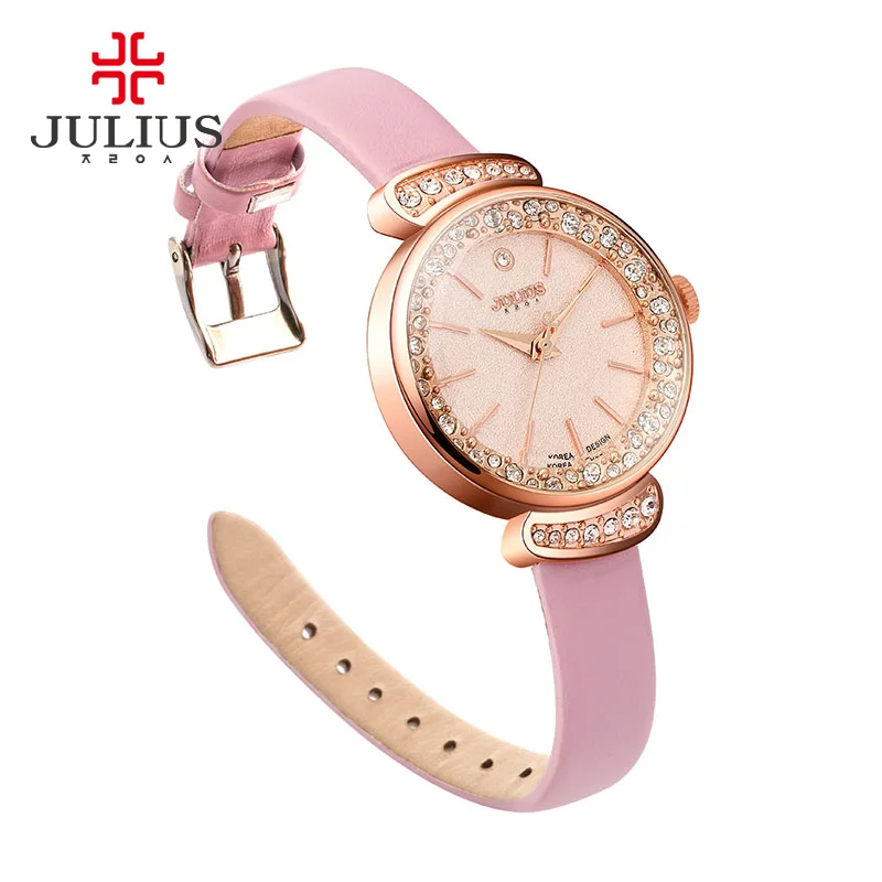 JULIUS JA-866 женские модные часы под платье стразы Whatches мятно-зеленый розовый кожаный