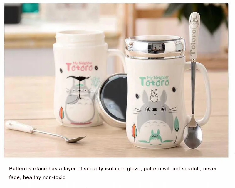 450ml Doraemon Ceramic Coffee Mugs with Mirror Lid and Spoon Cute Totoro Tea Cup Milk Mug for Women Girls Student Teen