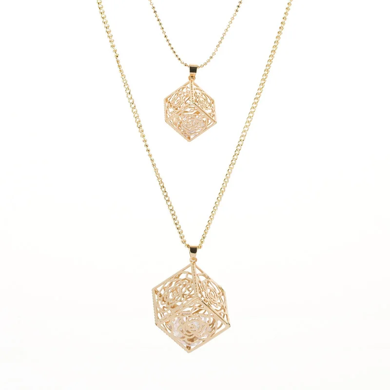 Полый цветок 3D ожерелье с подвесками-кубиками для женщин Золотой Цвет Кристалл