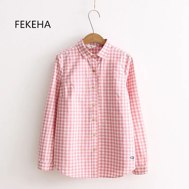 Женская хлопковая блузка с длинным рукавом и вышивкой в клетку|Рубашки| |