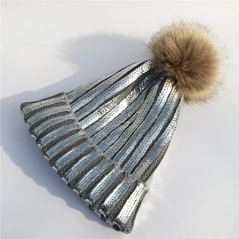 New Fashion Women Warm Shiny Metallic Color Skull Cap Knitted Crochet With Pompom Beanie Winter Wool Beanies Outdoor Ski | Аксессуары